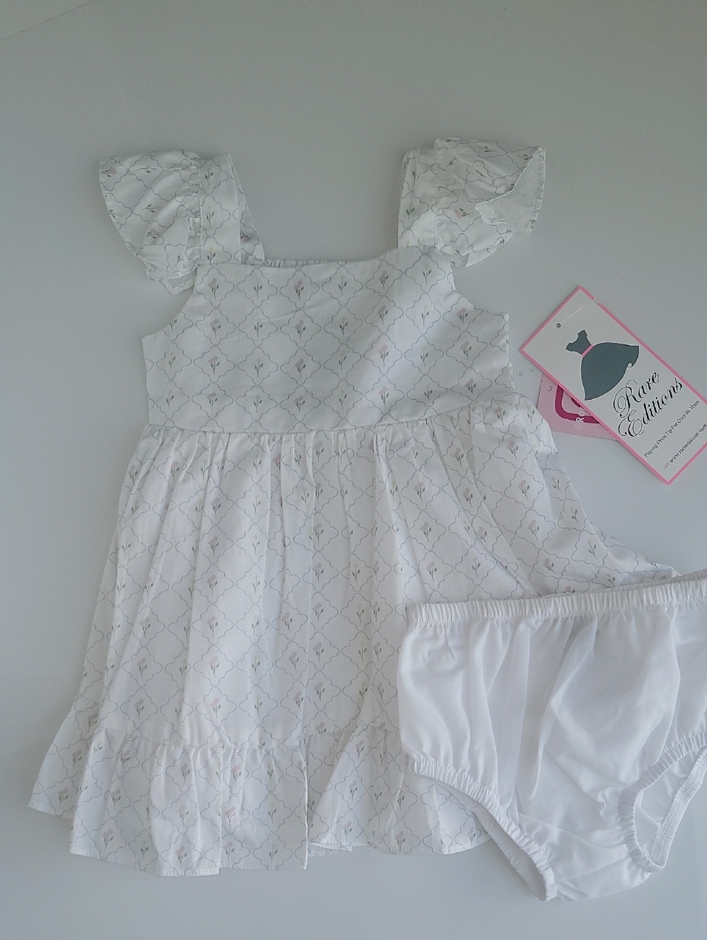 Rare Editions Floral Trellis Print White Dress, smocked back flutter sleeve bow